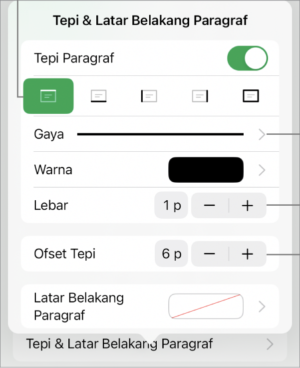 Kontrol untuk mengubah gaya, ketebalan, posisi, dan warna garis.