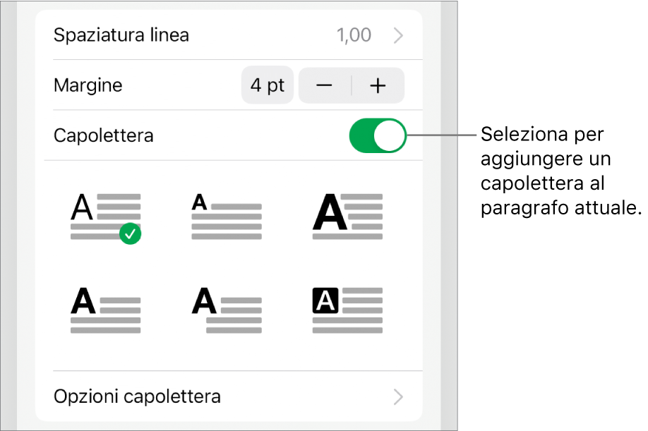 I controlli Capolettera situati nella parte inferiore del menu Testo.