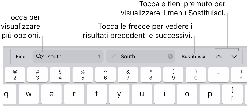 I controlli di “Trova e sostituisci” sopra alla tastiera con le didascalie delle opzioni di Ricerca, Sostituisci e i pulsanti “Freccia su” e “Freccia giù”.