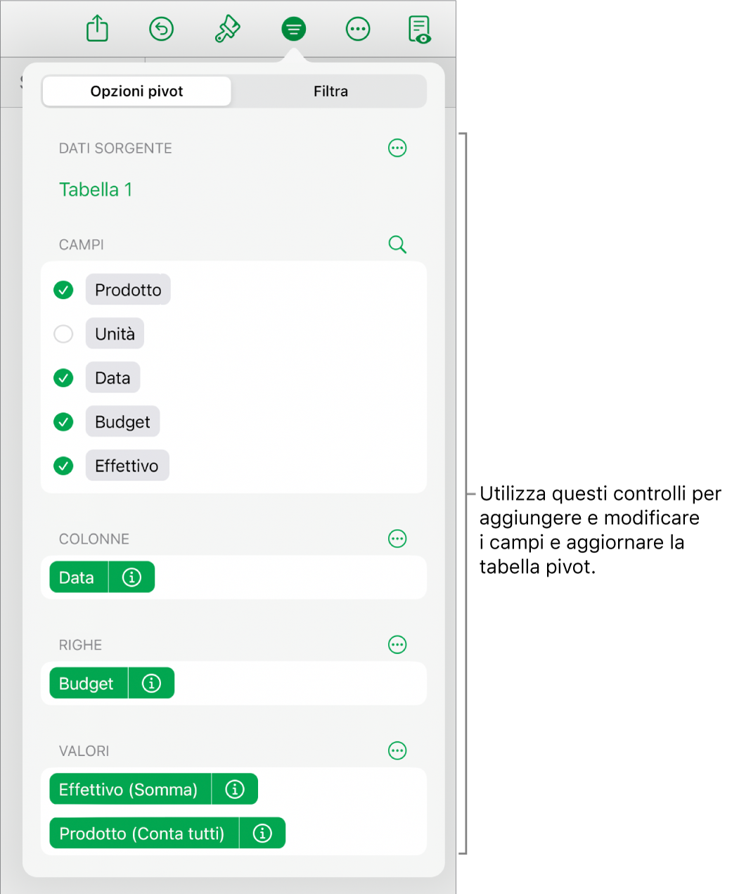 Il menu “Opzioni pivot” che mostra campi nelle sezioni Colonne, Righe e Valori, nonché i controlli per modificare i campi.