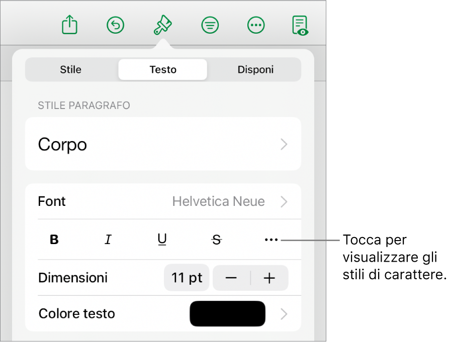 I controlli Formato con gli stili di paragrafo nella parte superiore, quindi i controlli Font. Sotto Font sono presenti i pulsanti Grassetto, Corsivo, Sottolineato, Barrato e “Altre opzioni di testo”.