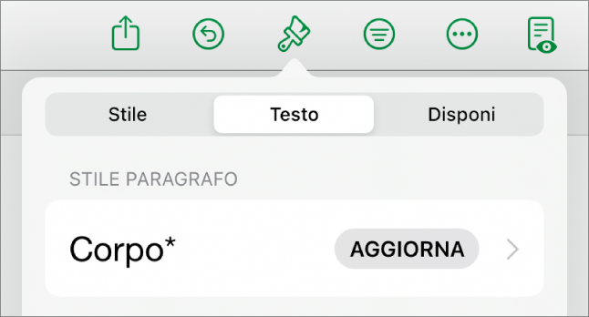 Stile paragrafo con un asterisco vicino e un pulsante Aggiorna sulla destra.