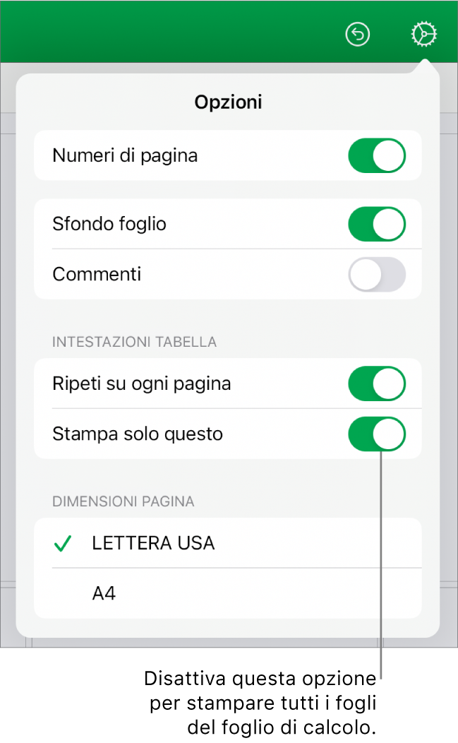 Pannello dell'anteprima di stampa con controlli per visualizzare i numeri di pagina, ripetere le intestazioni su ogni pagina, modificare le dimensioni della pagina e scegliere se stampare l'intero foglio di calcolo o solo il foglio attuale.