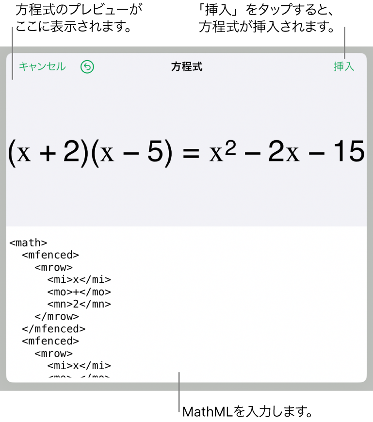 「方程式」ダイアログ。MathMLコマンドを使用して書き込まれた方程式が表示され、その上に公式のプレビューが表示されています。