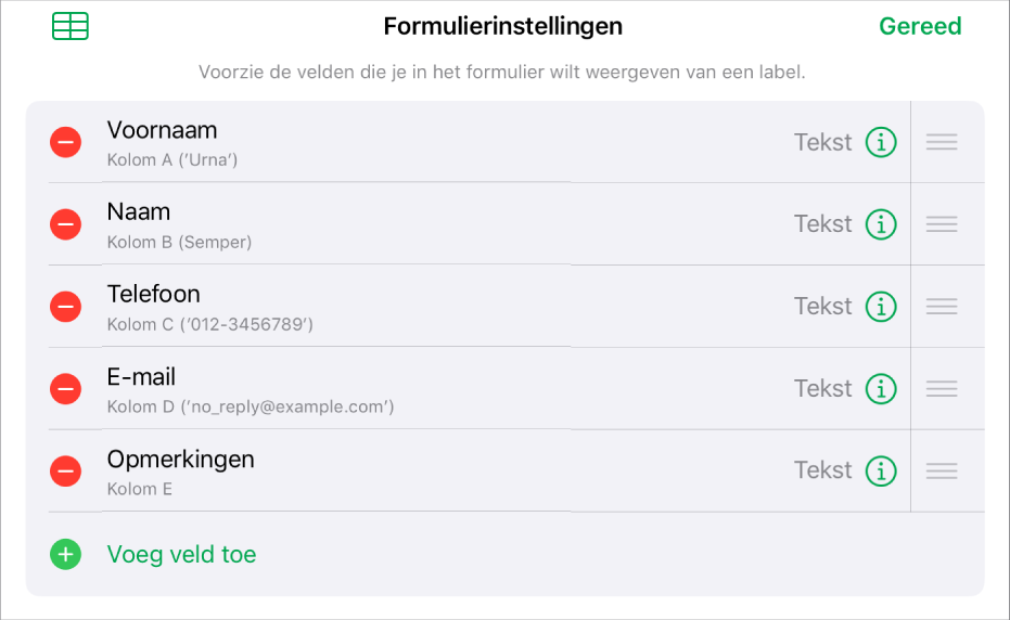 Het paneel 'Formulierinstellingen' met opties voor het toevoegen, wijzigen, rangschikken en verwijderen van velden en voor het wijzigen van de notatie van velden (bijvoorbeeld van 'Tekst' in 'Percentage').