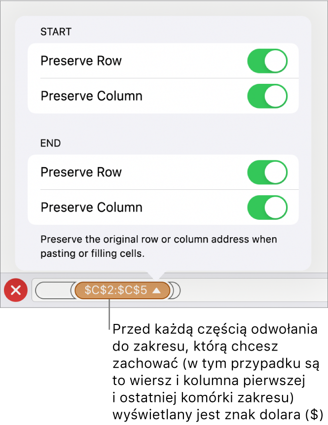 Narzędzia pozwalające na ustawienie, które z odwołań do wiersza i kolumny mają być zachowywane podczas przenoszenia lub kopiowania komórki. Przed każdą częścią odwołania, która ma być zachowywana, widoczny jest znak dolara.