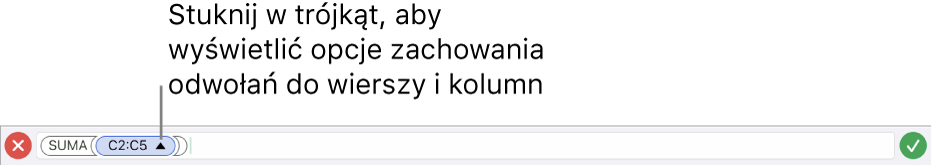 Edytor formuł, pokazujący sposób zachowania odwołań do wiersza i kolumny, gdy komórka jest kopiowana lub przenoszona.