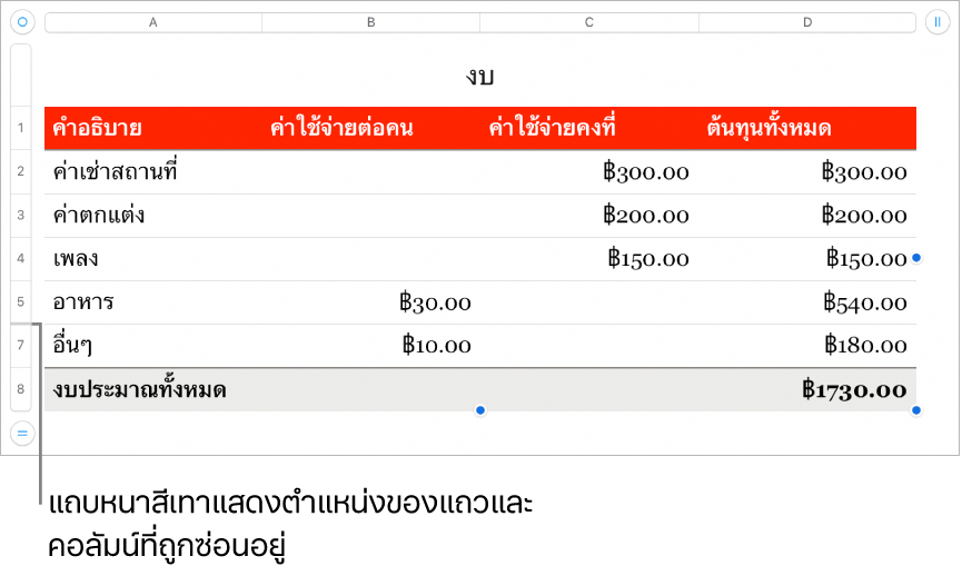 แถบหนาสีเทาที่แสดงตำแหน่งของแถวและคอลัมน์ที่ถูกซ่อนอยู่