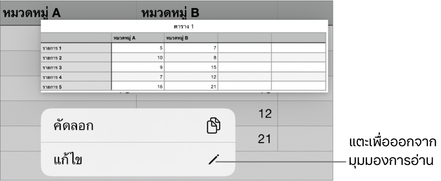 เซลล์ตารางถูกเลือกอยู่ และด้านบนเป็นเมนูที่มีปุ่มคัดลอกและปุ่มแก้ไข