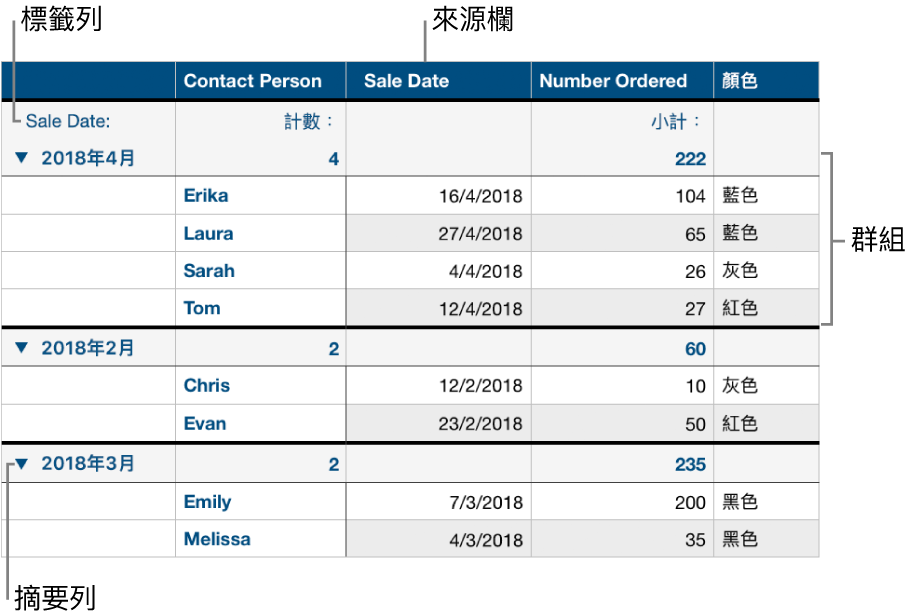 分類的表格顯示來源欄、群組、摘要列和標籤列。