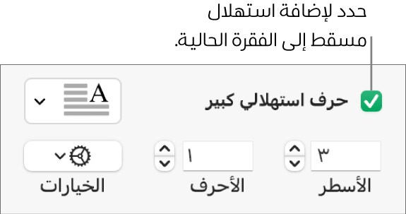 خانة اختيار الحرف الاستهلالي الكبير محددة، وتظهر قائمة منبثقة على يسارها؛ تظهر عناصر التحكم لإعداد ارتفاع السطر وعدد الأحرف والخيارات الأخرى أسفلها.