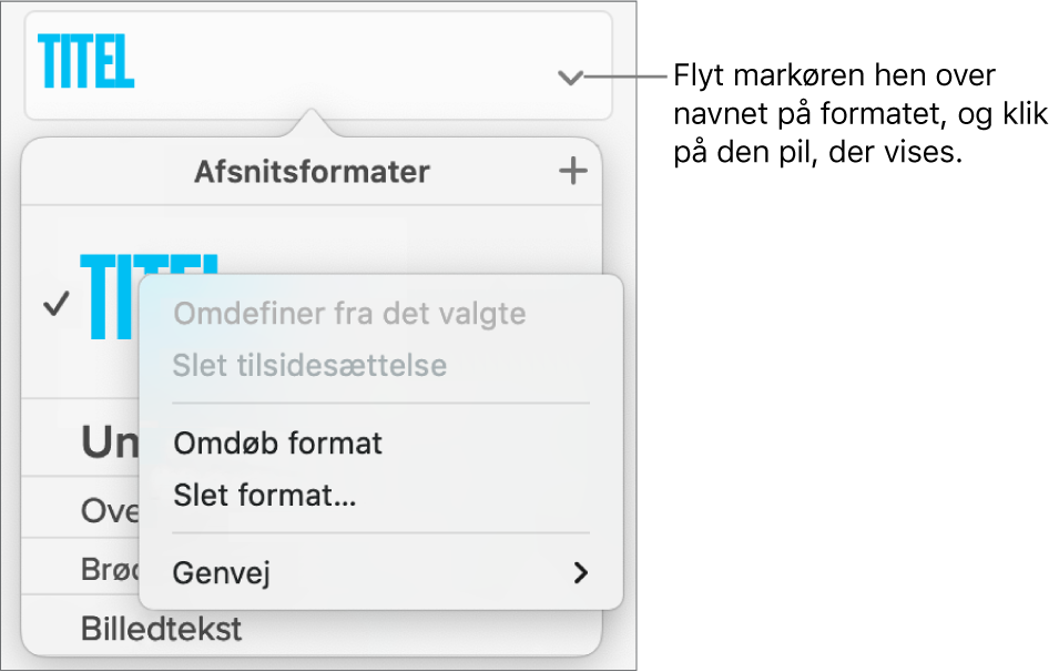 Menuen Afsnitsformater med åben genvejsmenu.