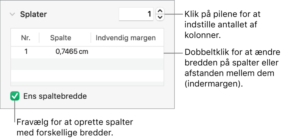 Betjeningsmuligheder under spalter til ændring af antallet af spalter og bredden på hver spalte.