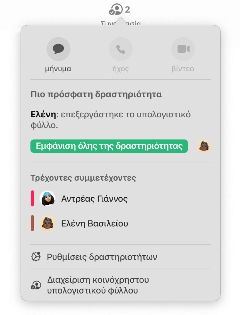 Το μενού συνεργασίας, στο οποίο εμφανίζονται τα ονόματα των ατόμων που συνεργάζονται στο υπολογιστικό φύλλο.