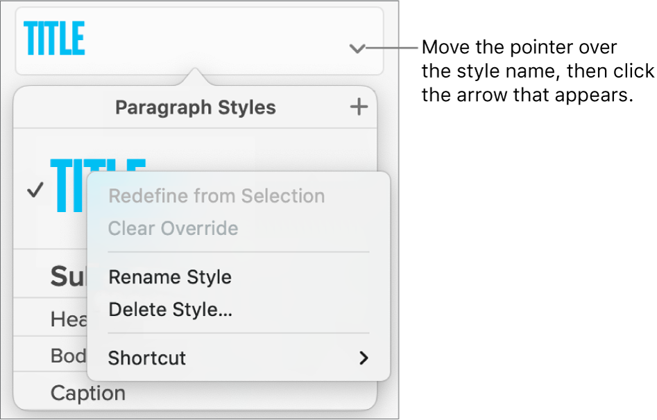 The Paragraph Styles menu with the shortcut menu open.