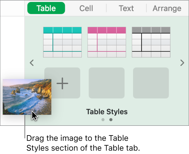 Dragging an image into the table styles to create a new style.