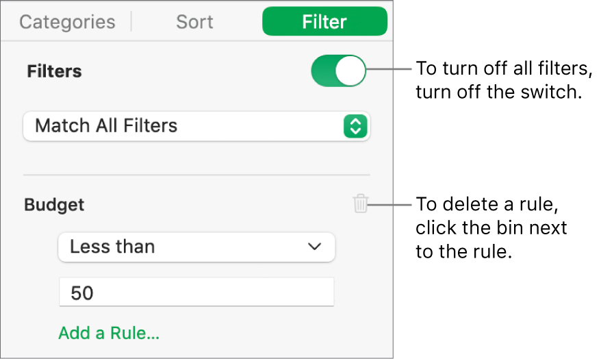 Controls for deleting a filter or turning off all filters.