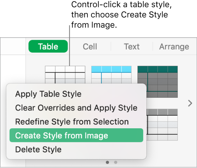 The table style shortcut menu.