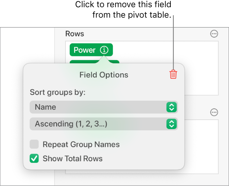 The Field Options menu, showing the controls for grouping and sorting data, as well as the option to remove a field.