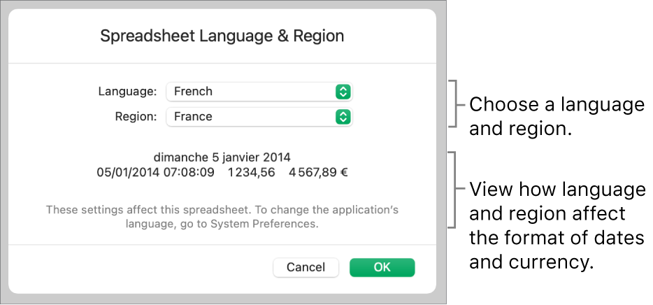 Language and Region pane with controls for language and region, and a format example including date, time, decimal, and currency.