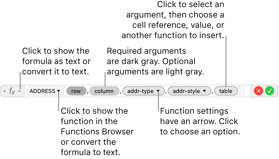 The formula editor showing the ADDRESS function and its arguments tokens.