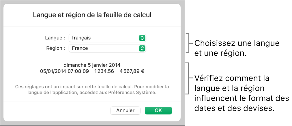 Sous-fenêtre Langue et région avec les commandes pour la langue et la région, et un exemple du format qui comprend la date, l’heure, les décimales et la devise.