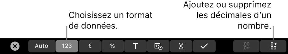 La Touch Bar d’un MacBook Pro avec les commandes pour choisir un format de données et ajouter ou supprimer des décimales pour un nombre.