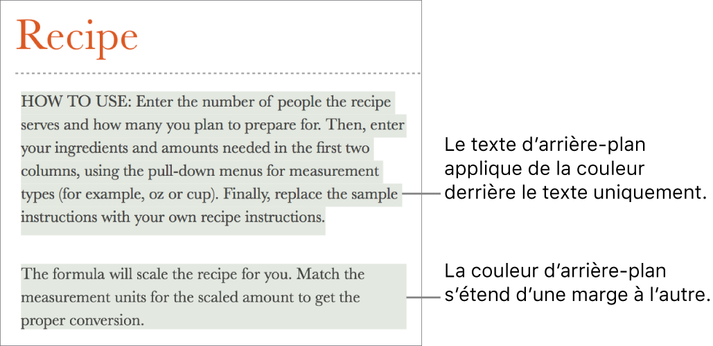 Un paragraphe avec de la couleur uniquement derrière le texte, et un autre avec un arrière-plan coloré allant d’une marge à l’autre pour créer un bloc.