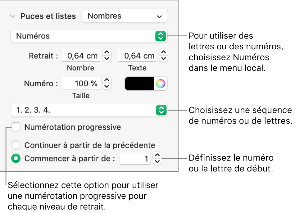 Commandes de modification du style de numérotation et de l’espacement d’une liste.