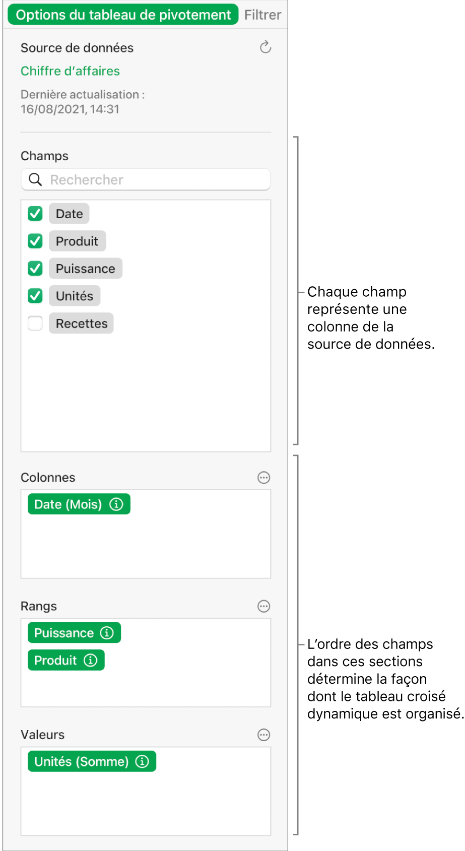 L’onglet « Options dynamiques » de la barre latérale Organiser affichant des champs dans les sections Colonnes, Rangs et Valeurs, ainsi que des commandes permettant de modifier les champs et d’actualiser le tableau croisé dynamique.