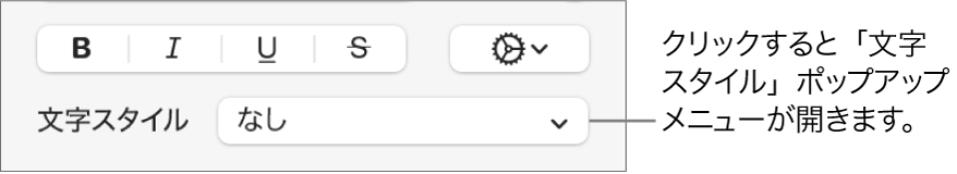 「文字スタイル」ポップアップメニュー。