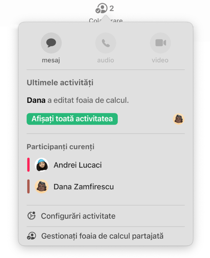 Meniul de colaborare afișând numele persoanelor care colaborează la foaia de calcul.