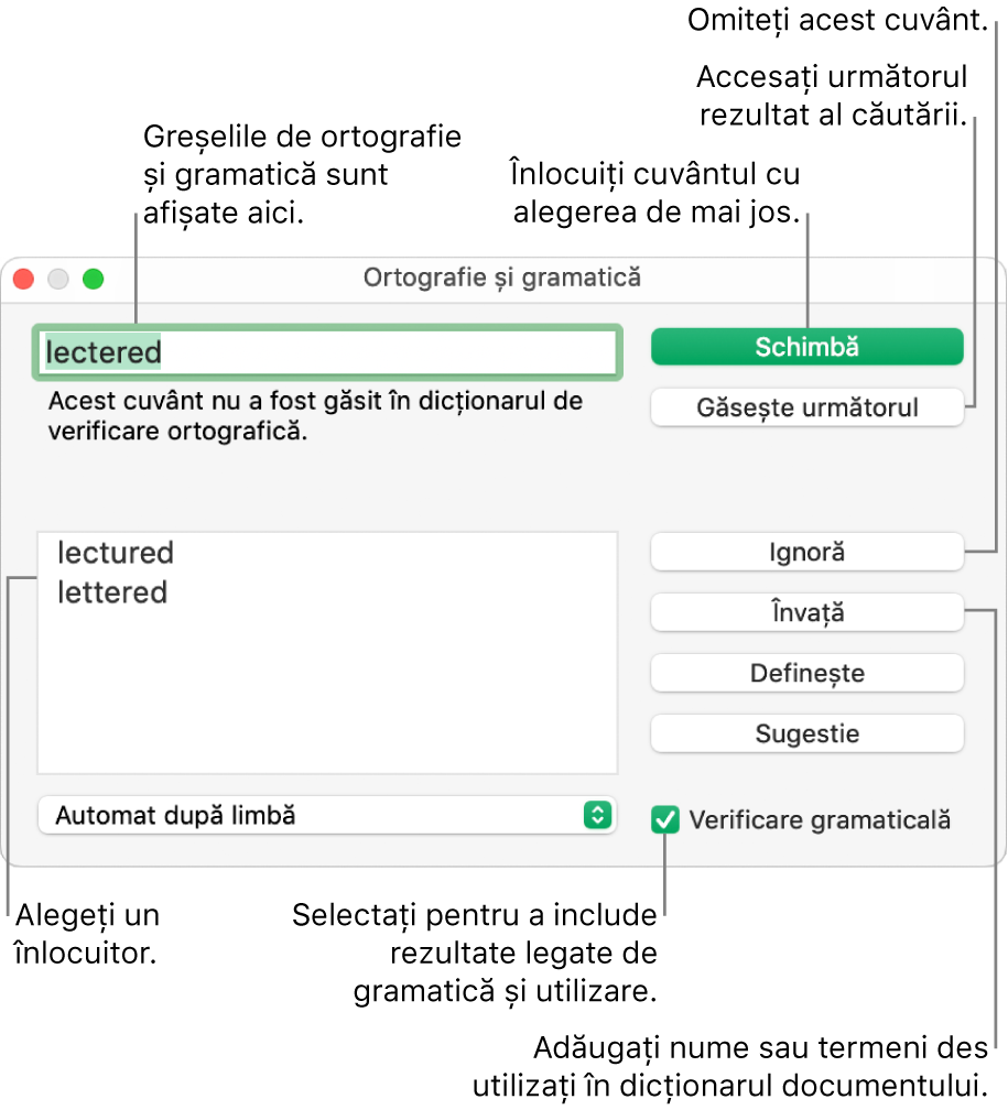 Fereastra Ortografie și gramatică.