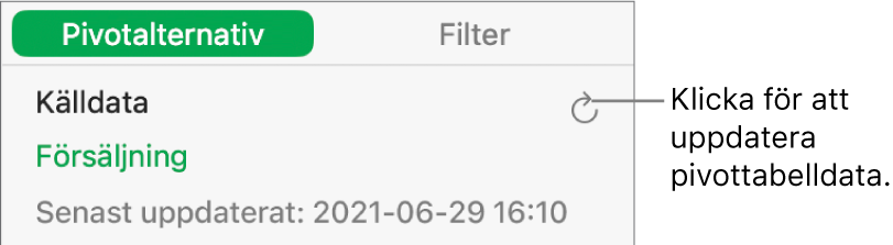 Fliken Pivotalternativ visar alternativet att uppdatera pivottabellen.