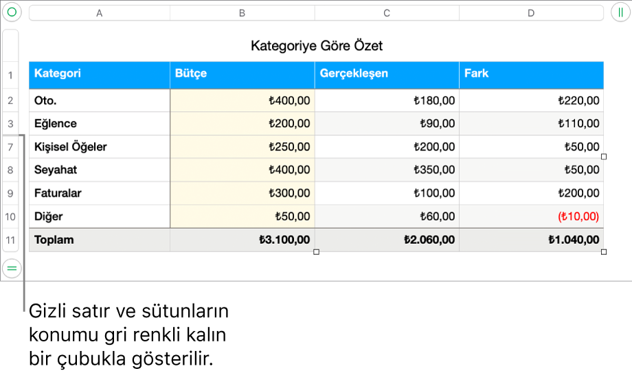 Gizli satırların ve sütunların yerini gösteren kalın gri bir çubuk