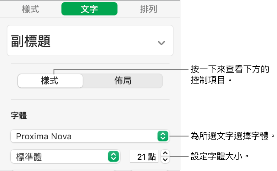 「格式」側邊欄「樣式」區域中的文字控制項目，可設定字體和字體大小。