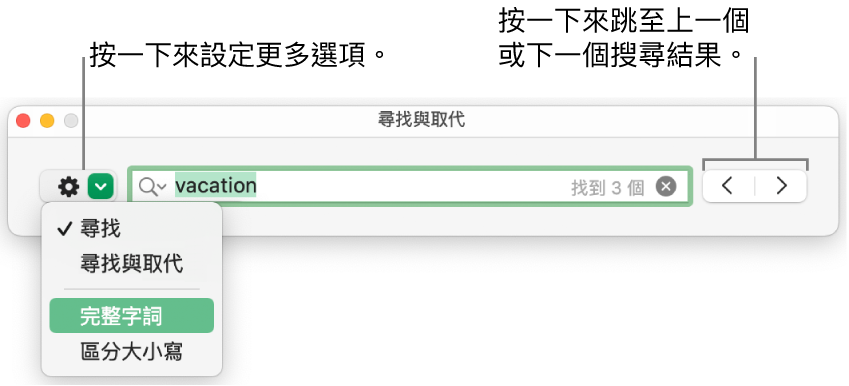 「尋找與取代」視窗，並有彈出式選單顯示「尋找」、「尋找與取代」、「完整字詞」和「區分大小寫」的選項。右邊的箭嘴可讓你跳到上一個或下一個搜尋結果。