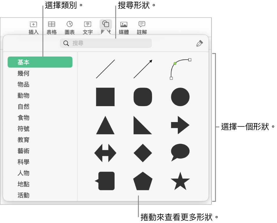 形狀資料庫，左側列出類別，右側顯示形狀。你可以使用最上方的搜尋欄位來尋找形狀，並捲動來查看更多。