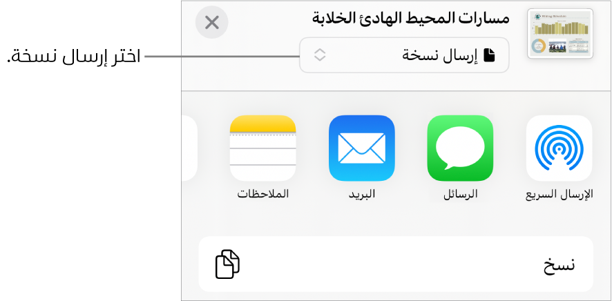 القائمة مشاركة حيث يظهر بها الخيار إرسال نسخة محددًا في الجزء العلوي.