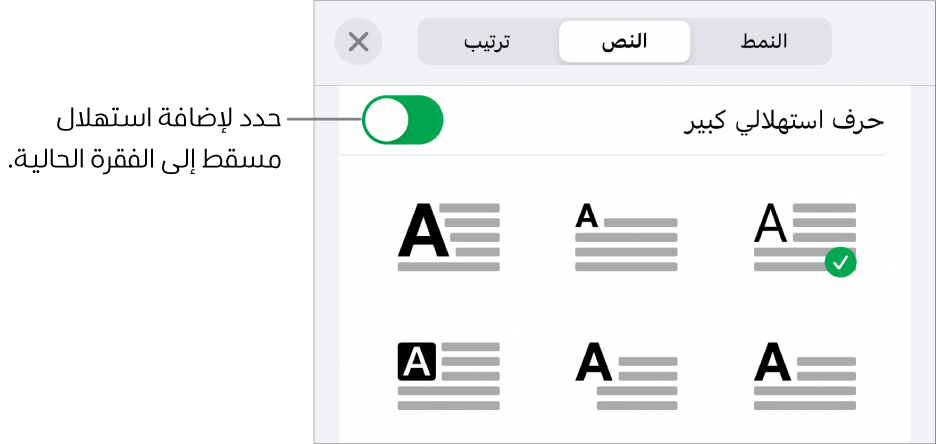 عناصر التحكم في الاستهلال المسقط الموجودة في الجزء السفلي من قائمة النص.