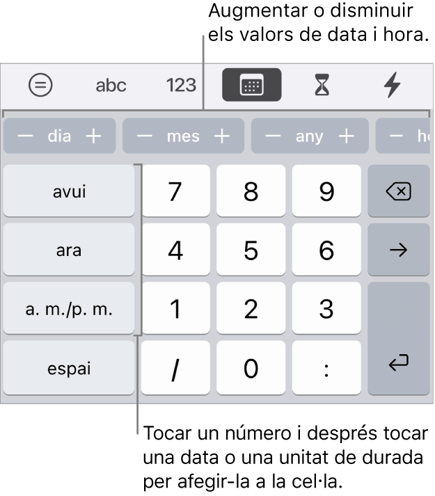 Teclat de data i hora. Una fila de botons a prop de la part superior mostra les unitats de temps (mes, dia i any) que pots incrementar per canviar el valor que es mostra a la cel·la. A l’esquerra hi ha tecles per a avui, ara i “a. m./p. m.”, i al centre del teclat hi ha les tecles numèriques.