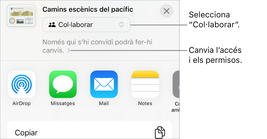 Menú “Compartir” amb l’opció “Col·laborar” seleccionada a la part superior i la configuració dels permisos a sota.