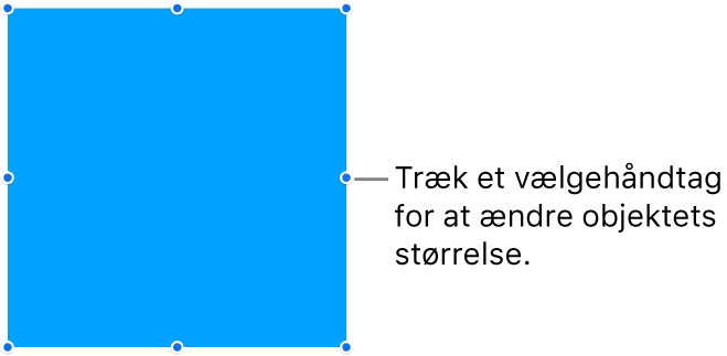 Et objekt med blå prikker på rammen til ændring af objektets størrelse.