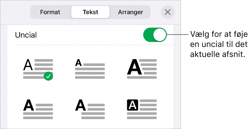 Betjeningsmulighederne til Uncial placeret nederst i menuen Tekst.