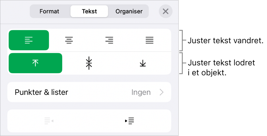 Layout i Info om format med billedforklaringer til knapperne til justering af tekst og afstand.