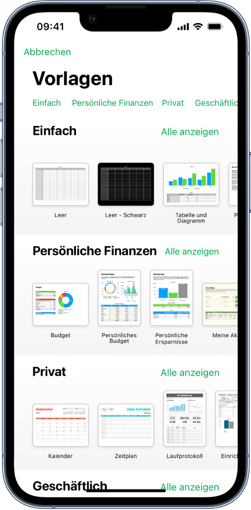 Die Vorlagenauswahl zeigt oben eine Zeile mit Kategorien, auf die du tippen kannst, um die Optionen zu filtern. Darunter befinden sich Miniaturen der vordefinierten Vorlagen in Zeilen nach Kategorien sortiert, beginnend mit „Zuletzt benutzt“ oben, gefolgt von „Einfach“ und „Persönliche Finanzen“. Die Taste „Alle anzeigen“ erscheint darüber und rechts neben jeder Kategoriezeile. Die Taste für Sprache und Region befindet sich oben rechts.