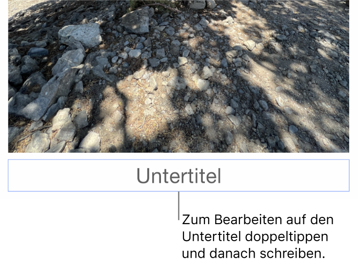 Der Platzhalter-Untertitel „Untertitel“ erscheint unter einem Foto, ein blauer Rahmen um das Untertitelfeld gibt an, dass es ausgewählt ist.