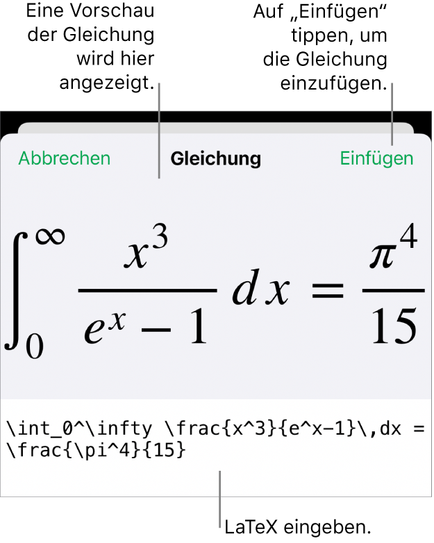 Im Dialogfenster „Gleichung“ wird eine Gleichung angezeigt, die mit LaTex-Befehlen geschrieben wurde, darüber wird eine Vorschau der Formel angezeigt.