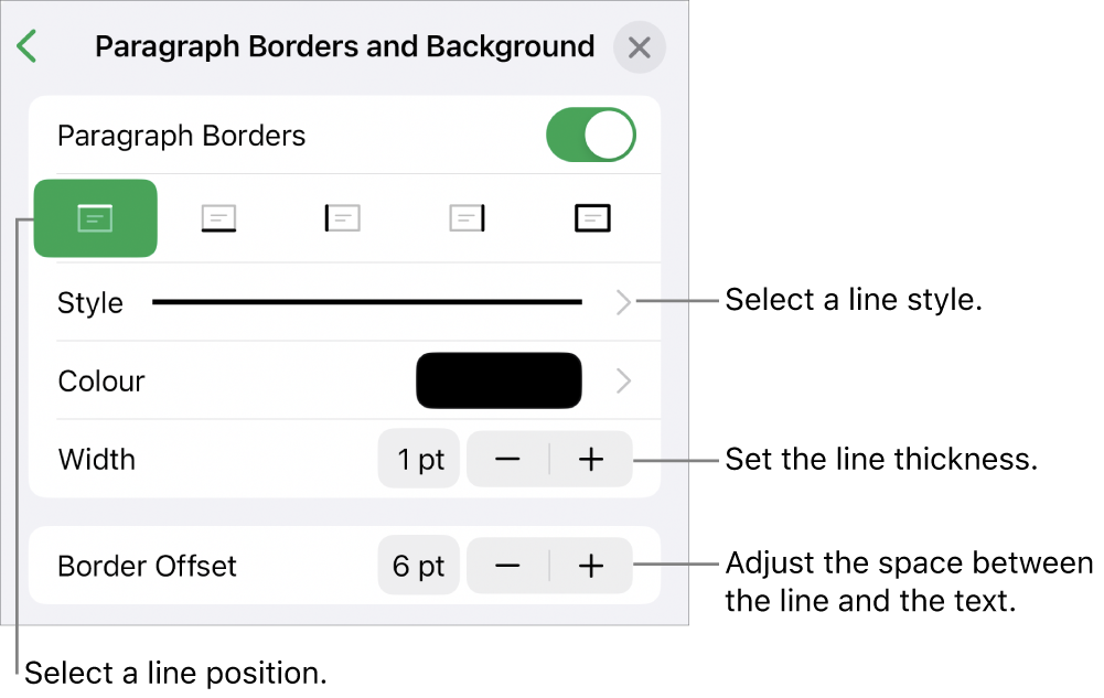 Controls to change the line style, thickness, position and colour.