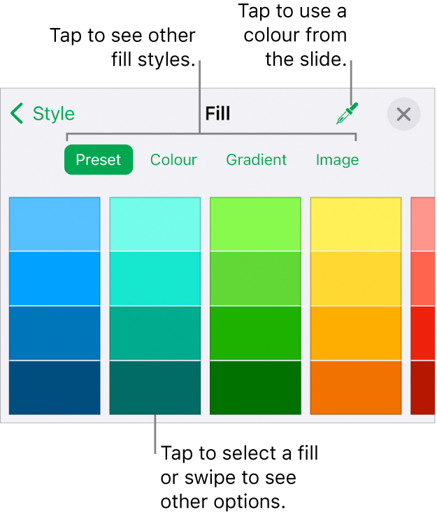 Fill options in the Style tab of the Format button.